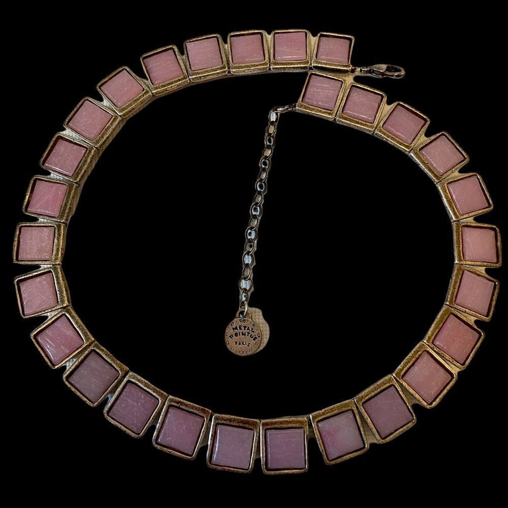 Metal Pointus Paris. Silver and Pink Stone Choker Collar Statement Necklace.